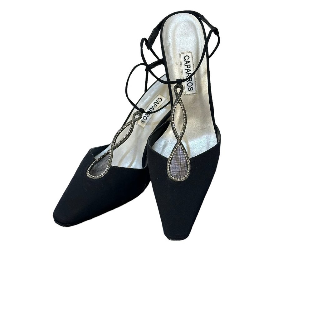 (9-211) Caparros Black Satin & Rhinestones Evening Shoes Size 7 ½